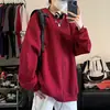 Sudadera de peso pesado color borgoña de 400 g con cuello redondo para hombre, camiseta base tipo pullover talla grande, camiseta de manga larga casual americana