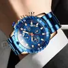 Reloj de cuarzo LIGE para negocios con correa de silicona, correa de silicona rosa dorado y azul, correa de silicona rosa dorado y negra, todo negro con calendario para hombre