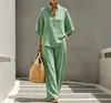 2026 Conjunto de Duas Peças Moda Feminina Casual Europeia e Americana Amazon com Listras, Manga Curta, Bolsos e Calça Pantalona
