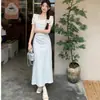 Vestido Quadrado com Gola Alta Estilo Francês para Pausa para o Chá Feminino, Novo Modelo Verão 2026, Cintura Marcada Petite, Vestido Longo com Manga Bufante para Férias na Praia