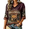Superventas transfronterizo Halloween estampado digital 3D camiseta de mujer con cuello en V y manga corta, top casual holgado para mujer europeo y americano
