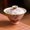 Tazón de té Gaiwan de cerámica individual con tapa, azul y blanco, ágata roja, diseño minimalista del fabricante, juego de té Kung Fu con rosa dorada pintada a mano