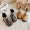 Botas altas estilo Martin de lona con patchwork de colores marrones para niñas, botas individuales estilo princesa, botas retro de estilo británico para niños a media pantorrilla