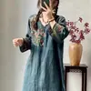 Tienda Lo Más Vendido Vestido de Algodón y Lino Étnico con Bordado Pesado Longitud Media Otoño Holgado Estilo Nuevo Artístico Retro
