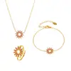 Conjunto Misterioso de Colar, Pulseira e Anel de Girassol com Zircônia, Design Elegante, Feito de Aço Inoxidável e Ouro 18K, Versátil para Uso Internacional