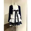 Vestido de pastel abullonado con estampado de lunares en la correa, bordes con volantes, falda de cuadros y cárdigan de manga larga para mujer, disponible en stock, color medianoche, 'sweetheart girl'