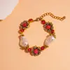 Conjunto de Joias de Luxo Leve de Alta Qualidade Europeu e Americano Transfronteiriço com Flores Incrustadas de Diamante Vermelho, Brincos de Pérolas com Contas, Colar e Pulseira para Mulheres