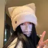 Versátil y moderno gorro de punto cálido estilo coreano para mujer, con orejas de peluche para proteger los oídos, lindo y favorecedor para la cara, gorro de punto con orejas de gato para otoño e invierno
