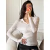 Hongmi Apparel/Suéter de Punto con Cuello de Solapa en V de Manga Larga, Mezcla de Lana de Oveja y Seda para Mujer, Suéter Básico de Otoño de Gama Alta