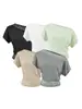 Camiseta corta de encaje con retazos, hombros descubiertos y manga corta para mujer, diseño de verano con efecto reductor y entallado en la cintura