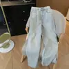 Strass termocolante azul claro brilhante resistente cintura alta perna reta emagrecedor casual versátil perna estreita perna larga jeans calça longa feminina início do outono