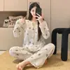 Novo pijama feminino de primavera e outono, estilo coreano, cardigã de algodão doce estilo ins, manga longa, calça comprida, roupa casual para casa, pode ser usado fora