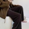 Calça Feminina de Malha com Lã de Viscose Macia e Cera, Perna Larga, Cintura Alta, Caimento Solto, Casual, Reta, Outono e Inverno