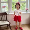 Chaleco de Verano Nuevo para Niñas con Estampado Lindo de Cerezas, Cuello Redondo, Sin Mangas + Shorts Rectos Sueltos + Cinturón para Verano
