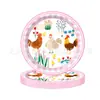 Nuevos platos de papel de pollito rosa con temática de animales de granja, pancartas de animales de dibujos animados y juego de vajilla para fiesta de cumpleaños infantil