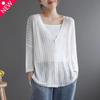 Suéter Tricotado Estilo Étnico Retrô Artístico Gola V Vazado Camisa de Ar Condicionado Cardigan Solto Feminino Top Fino
