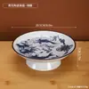 Prato de sobremesa alto em porcelana azul e branca estilo chinês tradicional, prato vintage chinês para chá e lanches, adequado para mesas de chá em casa, para servir frutas secas, lanches e frutas