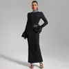 Comércio Exterior Vestido Feminino Europeu e Americano Gola Redonda Cravejado de Diamantes Mangas Sino Estilo Dama Elegante Saia Bandage Vestido de Festa Vestido