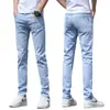 Jeans Finos de Verão para Homens, Marca Moderna Slim Fit, Elástico Perna Reta, Lavado Casual Calças Longas para Homens