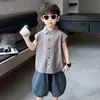 0810 Roupas Infantis Conjunto de Camisa para Meninos Roupa de Verão Conjunto de Duas Peças Sem Mangas Infantil Verão Bebê Roupas Finas Estilo Coreano Verão
