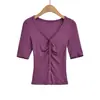 2606-26 Primavera Estilo Europeo y Americano Ajustado Cachemira Cuello en V Botones Color Helado Manga Media Camiseta Cárdigan Negro