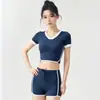 Conjunto de Yoga de Dos Piezas de Manga Corta con Bloques de Color y Cuello en V para Mujer, Shorts de Cintura Alta Levanta Glúteos, Conjunto Deportivo de Fitness de Secado Rápido