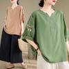 Camisa de Algodón y Lino Bordada Estilo Étnico Retro para Mujer Verano 2025 Delgada Camisa para Madres de Mediana Edad Elegante Top de Lino