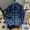 Camisa de Manga Larga a Cuadros con Solapa de Bloques de Color High Street Otoño para Hombres y Mujeres Holgada Moderna Atractiva Camisa de Bolsillo Caída Retro