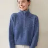 Suéter de Cashmere Espesso Feminino Gola Alta Versátil Quente Solto Fio Floral Meio Zíper Tricô Tricô Básico