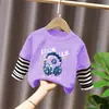 Camiseta Manga Longa Infantil para Meninos Estilo Casual Desenho Animado Bebês Meninos Primavera e Outono Gola Redonda Falsa Duas Peças Top Solto Algodão Puro