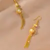 Pendientes Largos con Borla de Flor Chapados en Oro de 24 Quilates de Venta Caliente Transfronteriza para Mujer, Joyería de Oro Arena de Lujo Accesible, Estilo Popular en Xiaohongshu