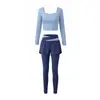 Conjunto de Yoga para Mujer Ropa Exterior Cuello Cuadrado Manga Larga Cintura Alta Bloque de Color Falso Dos Piezas Pantalones Pilates Fitness Conjunto de Dos Piezas Otoño