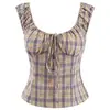 Chaleco Corto de Cuadros con Cuello en U, Cordón, Sin Mangas, Dulce y Picante, Nueva Moda de Verano, Ajustado, Top Base para Chica Atrevida