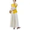 Novo top amarelo estilo chinês, novo conjunto de verão com calça pantalona, conjunto de duas peças moderno e que afina a silhueta, tendência nacional