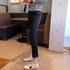 Calça Cropped Elástica Versátil Preta com Fenda Slim Fit Leggings Forradas com Lã Outono e Inverno Calça Skinny Reta de Cintura Alta Feminina