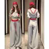 Traje Deportivo de Moda Casual para Mujer, Sudadera Corta con Cordón para Primavera y Otoño, Estilo Coreano, Pantalones Anchos de Pierna Sueltos Adelgazantes Conjunto de Dos Piezas