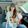 Camiseta Curta de Renda Jacquard Semitransparente Estilo Super Fada para Mulheres, Versão Coreana com Estampa de Gatinho Cartoon, Top Solto e Versátil na Moda
