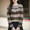 Nuevo Cárdigan de Punto con Cuello Redondo de Seda y Lana Otoño/Invierno 2026 Manga Larga para Mujer Bloque de Color Rayas Holgado Top Exterior