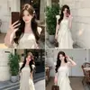 Vestido Quadrado de Renda Estilo Francês com Laço Doce e Fita, Elegante e Emagrecedor, Vestido Longo de Verão em Cetim em Forma de Asa