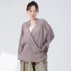 Estilo Zen Chino Ropa Suelta de Baile Estilo Chino Nuevo para Mujer con Cuello Alto Pequeño Cruzado y Espalda Descubierta Ropa de Práctica de Danza Clásica