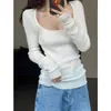 Suéter de Tricô Top com Decote Grande Estilo Americano para Mulheres, Blusa Base de Tricô Pura Desejo Quadrada de Outono, Suéter Interno Macio e Justo ao Corpo