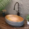 Lavabo de encimera retro con veta de madera sintética, lavabo creativo grande de forma ovalada para balcones de casa de huéspedes