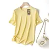 Camiseta Casual Respirável Amiga da Pele Fina de Lyocell e Linho Estilo Francês Solta Gola Redonda Manga Curta com Bordado de Pônei