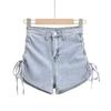 Calças jeans femininas europeias e americanas, sexy, com cordão duplo, justas, de celebridades da internet, novas calças jeans de cintura alta, de cor sólida, da moda