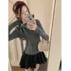Vestido de Duas Peças Falso Estilo Coreano com Recortes, Laço e Bolinhas 2025 Outono Novo Cintura Afinando Visual Saia Longa Evasê para Mulheres
