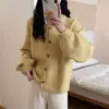 Estilo Coreano Sencillo Holgado Casual Versátil Botones Suéter Cárdigan para Mujer Retro Dobladillo Manga Raglán Chaqueta Tejida Otoño e Invierno