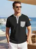 Camiseta Henley de Punto Waffle para Hombre Shein Transfronteriza con Bolsillos de Bloque de Color, Corte Holgado Casual, Tallas Grandes, Manga Corta de Exportación