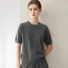 Básico e simples! Camiseta de manga curta 100% caxemira para mulheres, gola redonda, macia e aconchegante, caimento solto, top versátil de manga curta