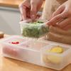 Caja de almacenamiento de tres compartimentos para cocina, para cebolletas, jengibre y ajo, escurridor, transparente, para conservar cebolletas en el refrigerador.