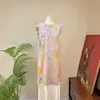 Zhi LiNovo Estilo Chinês Jacquard Gola Diagonal Cheongsam Estilo Longo 2026 Verão Novo Estilo Estilo Nacional Gola Redonda Manga com Renda Top